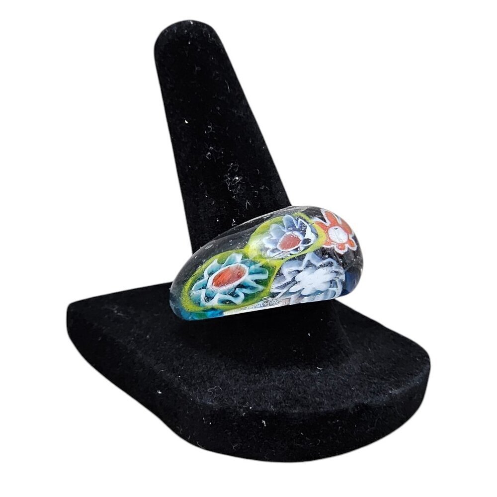 Murano Glass Italian Mosaic Multicolored Millefiori Floral Ring 7.5